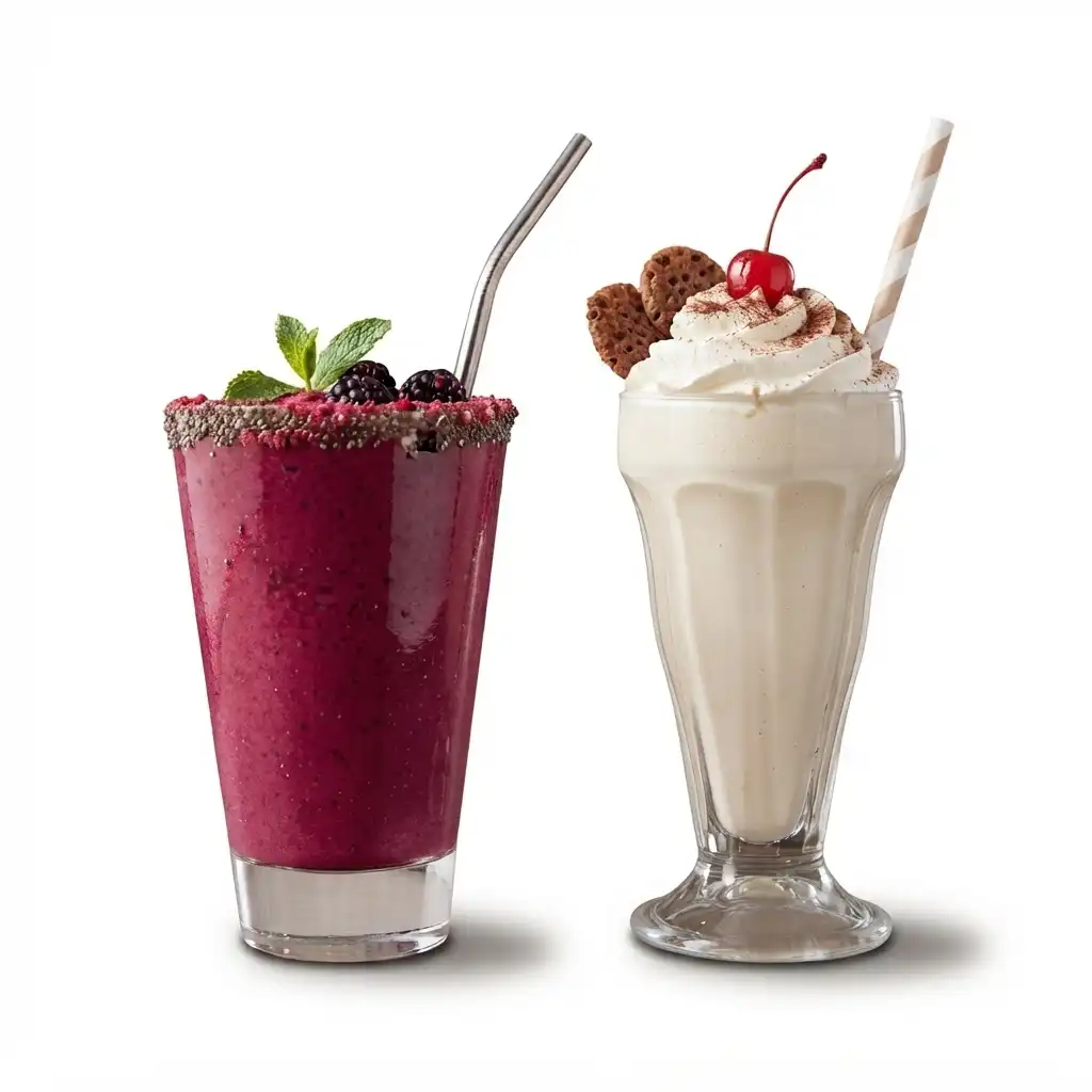 presentacion dos bebidas una un batido de mora y la otra un milkshake