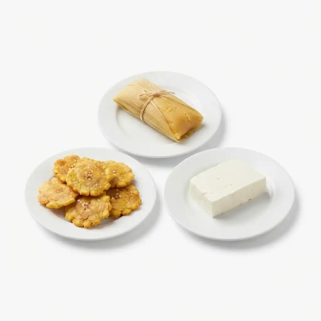 presentacion de un plato con porciones de humita, patacones y queso